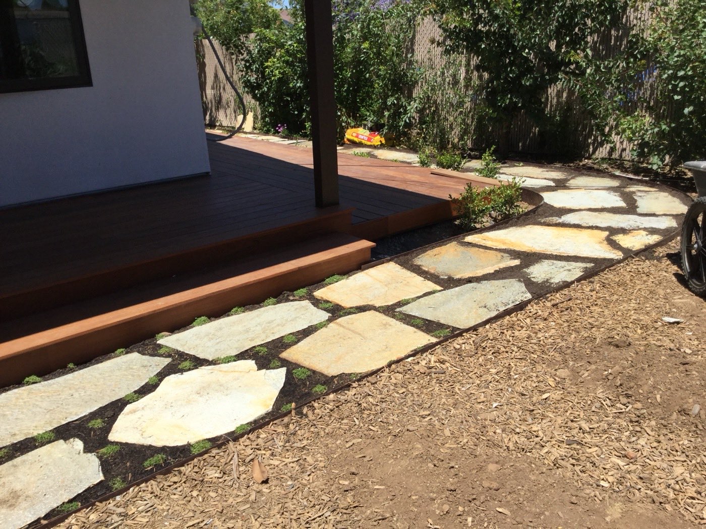 Deck steps and flagstone path